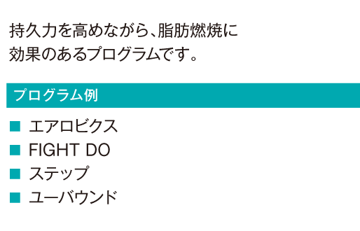 持久力を高めながら、脂肪燃焼に効果のあるプログラムです。
							エアロビクス
							FIGHT DO
							ステップ
							ユーバウンド