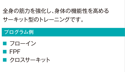 全身の筋力を強化し、身体の機能性を高めるサーキット型のトレーニングです。
							フローイン
							FPF
							クロスサーキット
							