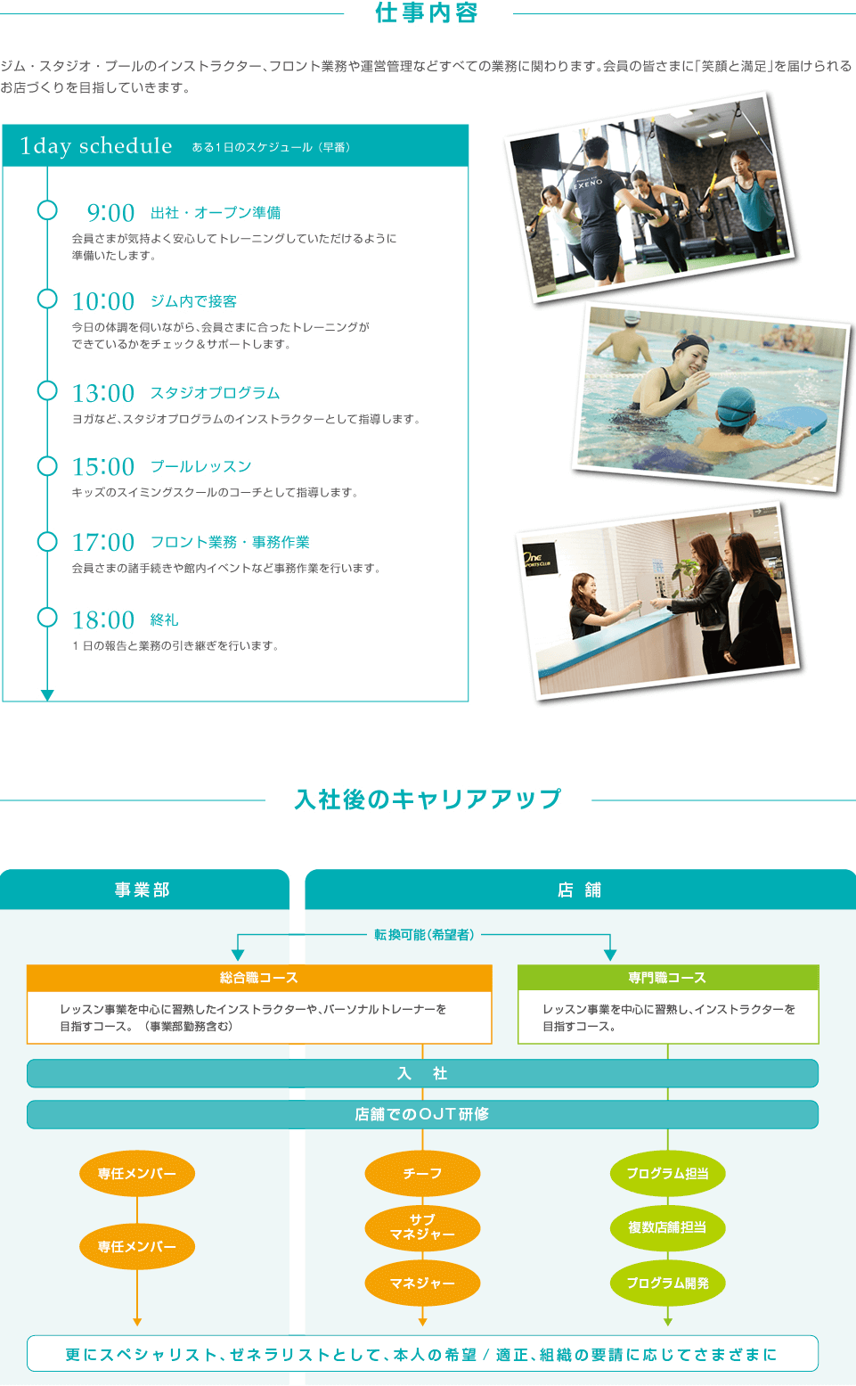 ジム・スタジオ・プールのインストラクター、フロント業務や運営管理などすべての業務に関わります。会員の皆さまに「笑顔と満足」を届けられるお店づくりを目指していきます。