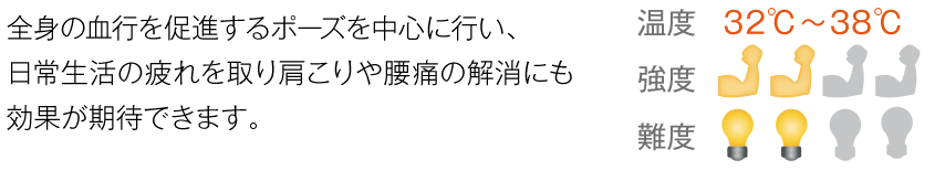 全身の血行を促進するポーズを中心に行い、
日常生活の疲れを取り肩こりや腰痛の解消にも効果が期待できます。