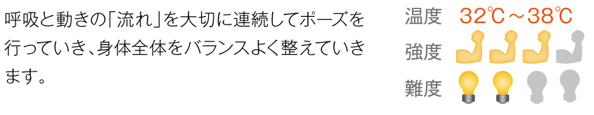 呼吸と動きの「流れ」を大切に連続してポーズを行っていき、身体全体をバランスよく整えていきます。