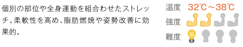 体幹にウエイトを置いて身体の引き締めを行い、体力を養いながら冷え性も改善します。