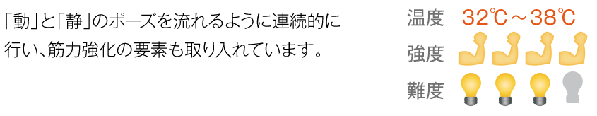 「動」と「静」のポーズを流れるように連続的に行い、筋力強化の要素も取り入れています。