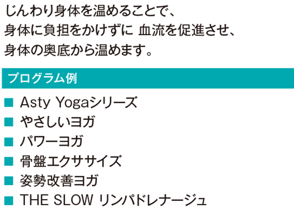 じんわり身体を温めることで、身体に負担をかけずに 血流を促進させ、身体の奥底から温めます。
				Asty Yogaシリーズ
				ピラティス
				ビギナーピラティス
				ストレッチ