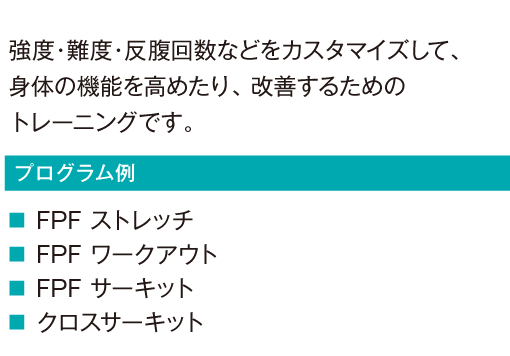 強度・難度・反腹回数などをカスタマイズして、身体の機能を高めたり、 改善するためのトレーニングです。
			FPF ストレッチ
			FPF ワークアウト
			FPF サーキット
			クロスサーキット
				