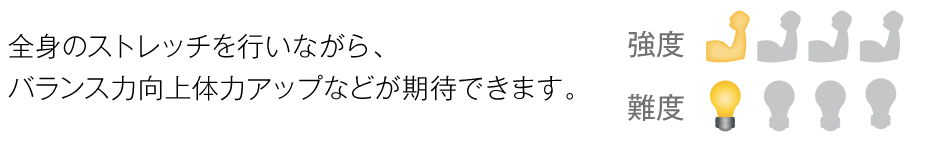 全身のストレッチを行いながら、バランス力向上体力アップなどが期待できます。